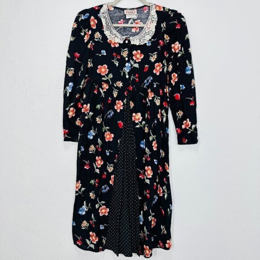 Vintage 90s Lace Collared Floral Cottagecore Mini Dress Retro Feminine Belted‎